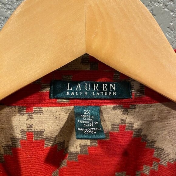 Lauren Ralph Lauren Button Front Shirt Womens Plus 2X Red Aztec Print Cotton - Picture 4 of 5